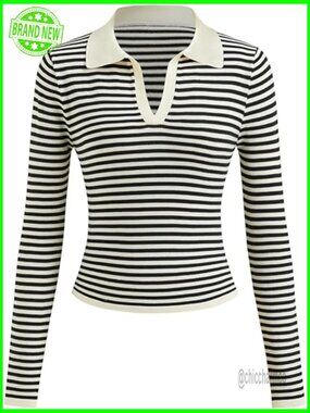Striped V Neck Long Sleeve Slim Fit Ribbed Knit Sweater Pullover